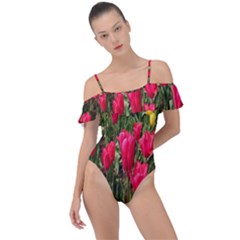 Yellow Pink Red Flowers Frill Detail One Piece Swimsuit by Azkajaya