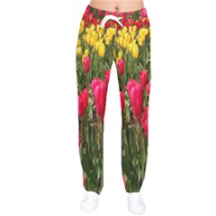 Yellow Pink Red Flowers Women Velvet Drawstring Pants