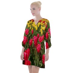 Yellow Pink Red Flowers Open Neck Shift Dress by Azkajaya