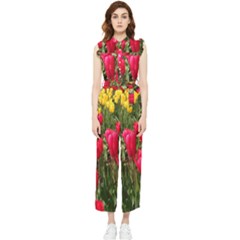 Yellow Pink Red Flowers Women s Frill Top Chiffon Jumpsuit by Azkajaya