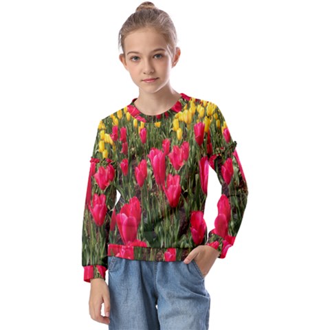 Yellow Pink Red Flowers Kids  Long Sleeve T-shirt With Frill  by Azkajaya