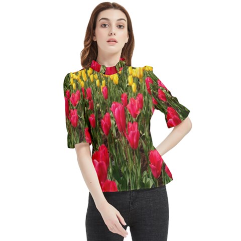 Yellow Pink Red Flowers Frill Neck Blouse by Azkajaya