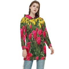 Yellow Pink Red Flowers Women s Long Oversized Pullover Hoodie