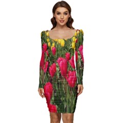 Yellow Pink Red Flowers Women Long Sleeve Ruched Stretch Jersey Dress by Azkajaya