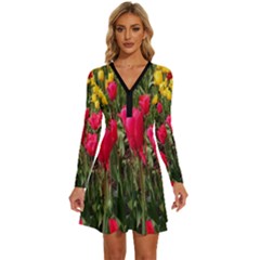 Yellow Pink Red Flowers Long Sleeve Deep V Mini Dress  by Azkajaya