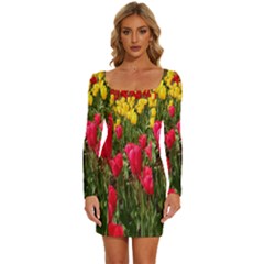 Yellow Pink Red Flowers Long Sleeve Square Neck Bodycon Velvet Dress by Azkajaya