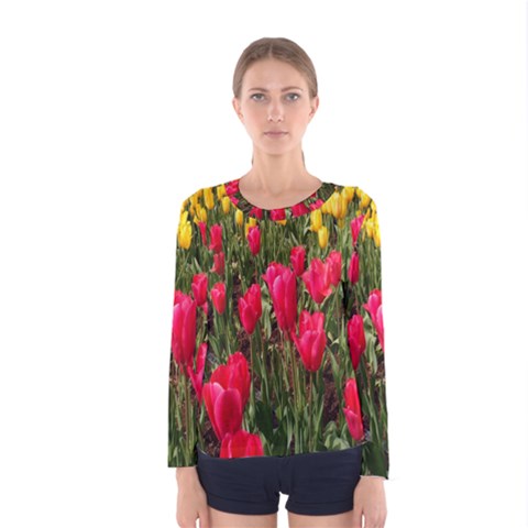 Yellow Pink Red Flowers Women s Long Sleeve T-shirt by Azkajaya