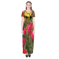 Yellow Pink Red Flowers Short Sleeve Maxi Dress by Azkajaya