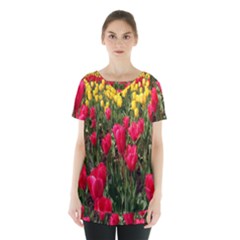 Yellow Pink Red Flowers Skirt Hem Sports Top by Azkajaya