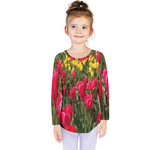 Yellow Pink Red Flowers Kids  Long Sleeve T-shirt by Azkajaya