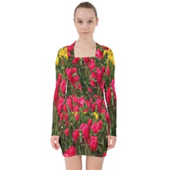 Yellow Pink Red Flowers V-neck Bodycon Long Sleeve Dress