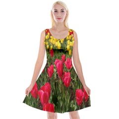 Yellow Pink Red Flowers Reversible Velvet Sleeveless Dress