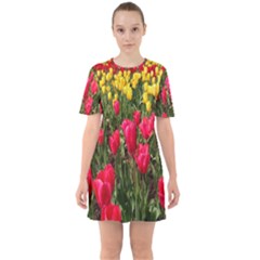 Yellow Pink Red Flowers Sixties Short Sleeve Mini Dress by Azkajaya