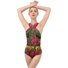 Yellow Pink Red Flowers Cross Front Low Back Swimsuit by Azkajaya