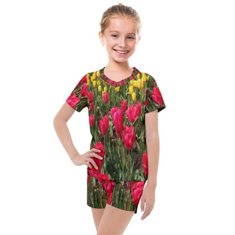 Yellow Pink Red Flowers Kids  Mesh T-shirt And Shorts Set by Azkajaya