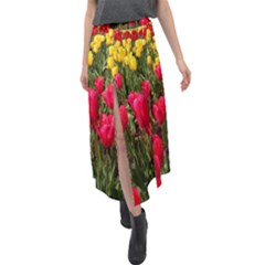 Yellow Pink Red Flowers Velour Split Maxi Skirt by Azkajaya