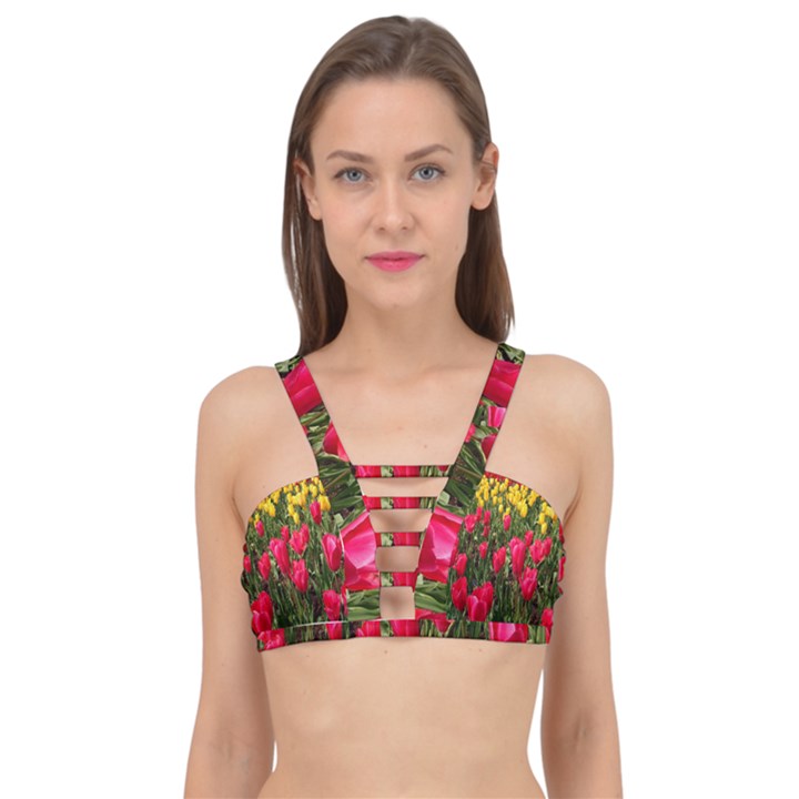 Yellow Pink Red Flowers Cage Up Bikini Top