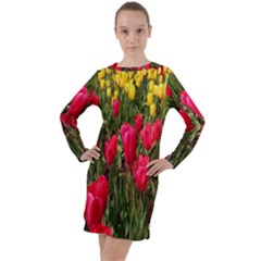 Yellow Pink Red Flowers Long Sleeve Hoodie Dress