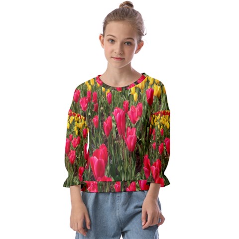 Yellow Pink Red Flowers Kids  Cuff Sleeve Top by Azkajaya