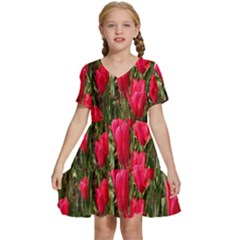 Yellow Pink Red Flowers Kids  Short Sleeve Tiered Mini Dress by Azkajaya