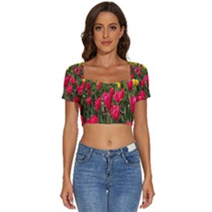 Yellow Pink Red Flowers Short Sleeve Square Neckline Crop Top  by Azkajaya