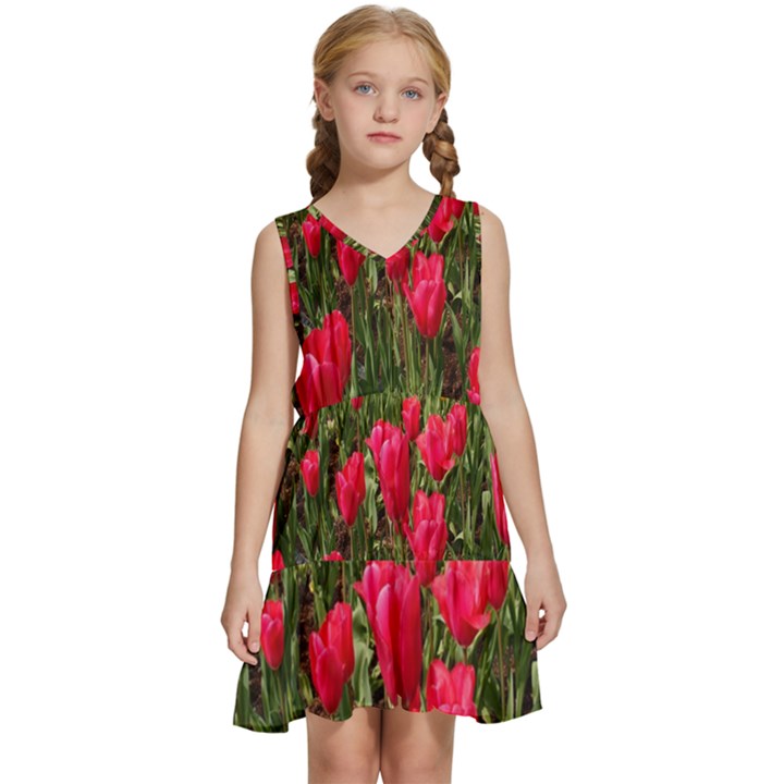 Yellow Pink Red Flowers Kids  Sleeveless Tiered Mini Dress