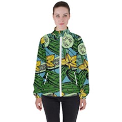 Seamless Pattern With Cucumber Slice Flower Colorful Hand Drawn Background With Vegetables Wallpaper Women s High Neck Windbreaker by Ket1n9