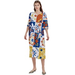 Mexican Talavera Pattern Ceramic Tiles With Flower Leaves Bird Ornaments Traditional Majolica Style Women s Cotton 3/4 Sleeve Nightgown by Ket1n9