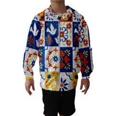 Mexican Talavera Pattern Ceramic Tiles With Flower Leaves Bird Ornaments Traditional Majolica Style Kids  Hooded Windbreaker