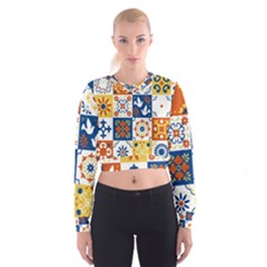 Mexican Talavera Pattern Ceramic Tiles With Flower Leaves Bird Ornaments Traditional Majolica Style Cropped Sweatshirt