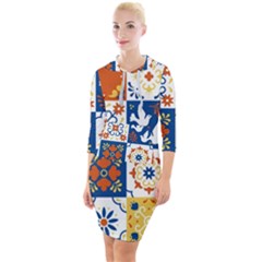 Mexican Talavera Pattern Ceramic Tiles With Flower Leaves Bird Ornaments Traditional Majolica Style Quarter Sleeve Hood Bodycon Dress by Ket1n9