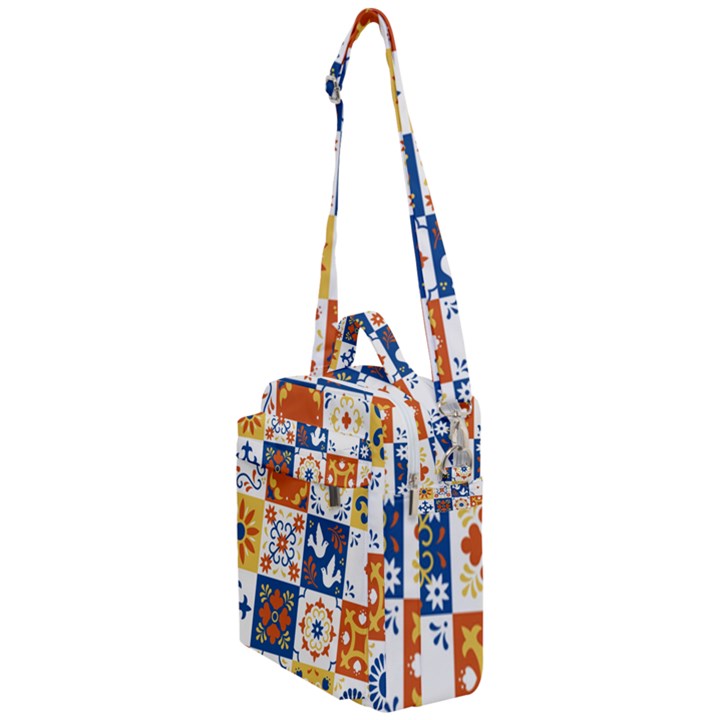 Mexican Talavera Pattern Ceramic Tiles With Flower Leaves Bird Ornaments Traditional Majolica Style Crossbody Day Bag