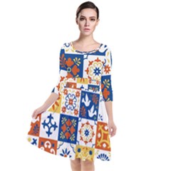 Mexican Talavera Pattern Ceramic Tiles With Flower Leaves Bird Ornaments Traditional Majolica Style Quarter Sleeve Waist Band Dress by Ket1n9