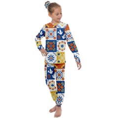 Mexican Talavera Pattern Ceramic Tiles With Flower Leaves Bird Ornaments Traditional Majolica Style Kids  Long Sleeve Set  by Ket1n9