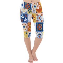 Mexican Talavera Pattern Ceramic Tiles With Flower Leaves Bird Ornaments Traditional Majolica Style Lightweight Velour Cropped Yoga Leggings by Ket1n9