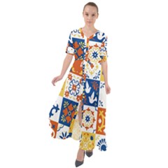 Mexican Talavera Pattern Ceramic Tiles With Flower Leaves Bird Ornaments Traditional Majolica Style Waist Tie Boho Maxi Dress by Ket1n9