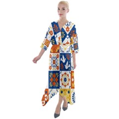 Mexican Talavera Pattern Ceramic Tiles With Flower Leaves Bird Ornaments Traditional Majolica Style Quarter Sleeve Wrap Front Maxi Dress by Ket1n9