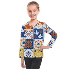 Mexican Talavera Pattern Ceramic Tiles With Flower Leaves Bird Ornaments Traditional Majolica Style Kids  Long Mesh T-shirt