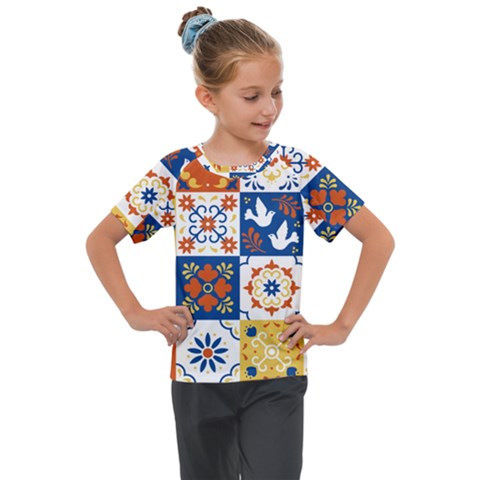 Mexican Talavera Pattern Ceramic Tiles With Flower Leaves Bird Ornaments Traditional Majolica Style Kids  Mesh Piece T-shirt by Ket1n9