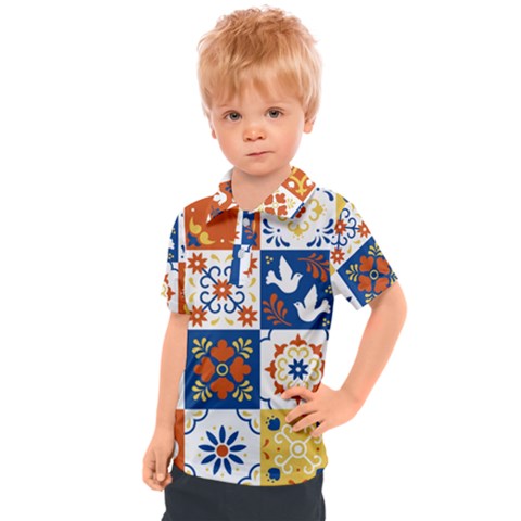 Mexican Talavera Pattern Ceramic Tiles With Flower Leaves Bird Ornaments Traditional Majolica Style Kids  Polo T-shirt by Ket1n9