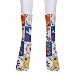 Mexican Talavera Pattern Ceramic Tiles With Flower Leaves Bird Ornaments Traditional Majolica Style Crew Socks