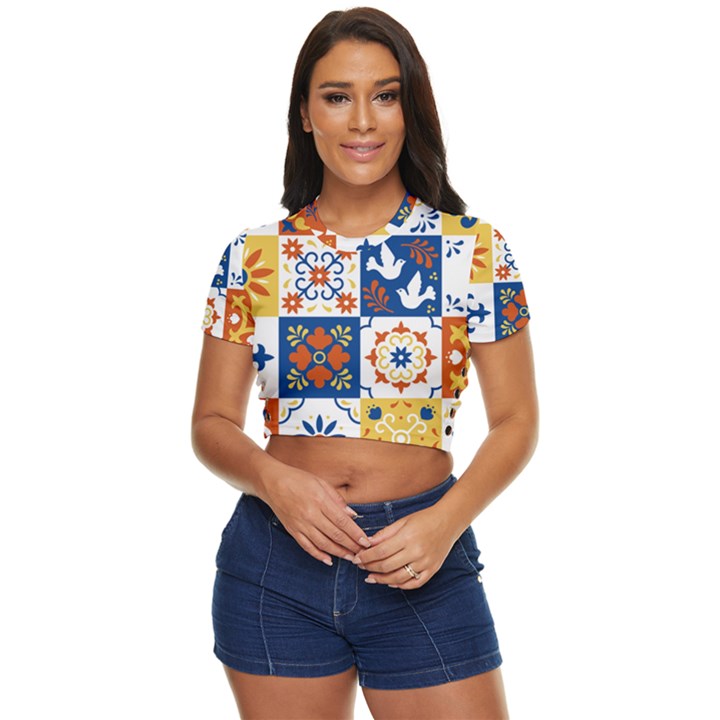 Mexican Talavera Pattern Ceramic Tiles With Flower Leaves Bird Ornaments Traditional Majolica Style Side Button Cropped T-Shirt