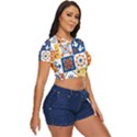 Mexican Talavera Pattern Ceramic Tiles With Flower Leaves Bird Ornaments Traditional Majolica Style Side Button Cropped T-Shirt View3