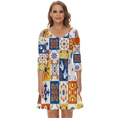 Mexican Talavera Pattern Ceramic Tiles With Flower Leaves Bird Ornaments Traditional Majolica Style Shoulder Cut Out Zip Up Dress by Ket1n9