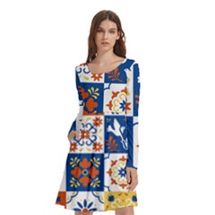 Mexican Talavera Pattern Ceramic Tiles With Flower Leaves Bird Ornaments Traditional Majolica Style Long Sleeve Knee Length Skater Dress With Pockets by Ket1n9