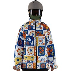 Mexican Talavera Pattern Ceramic Tiles With Flower Leaves Bird Ornaments Traditional Majolica Style Men s Zip Ski And Snowboard Waterproof Breathable Jacket