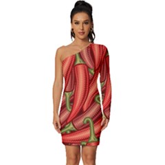 Seamless-chili-pepper-pattern Long Sleeve One Shoulder Mini Dress by Ket1n9