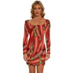 Seamless-chili-pepper-pattern Long Sleeve Square Neck Bodycon Velvet Dress by Ket1n9