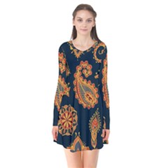 Bright-seamless-pattern-with-paisley-mehndi-elements-hand-drawn-wallpaper-with-floral-traditional-in Long Sleeve V-neck Flare Dress by Ket1n9