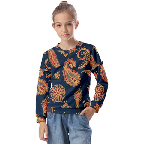 Bright-seamless-pattern-with-paisley-mehndi-elements-hand-drawn-wallpaper-with-floral-traditional-in Kids  Long Sleeve T-shirt With Frill  by Ket1n9